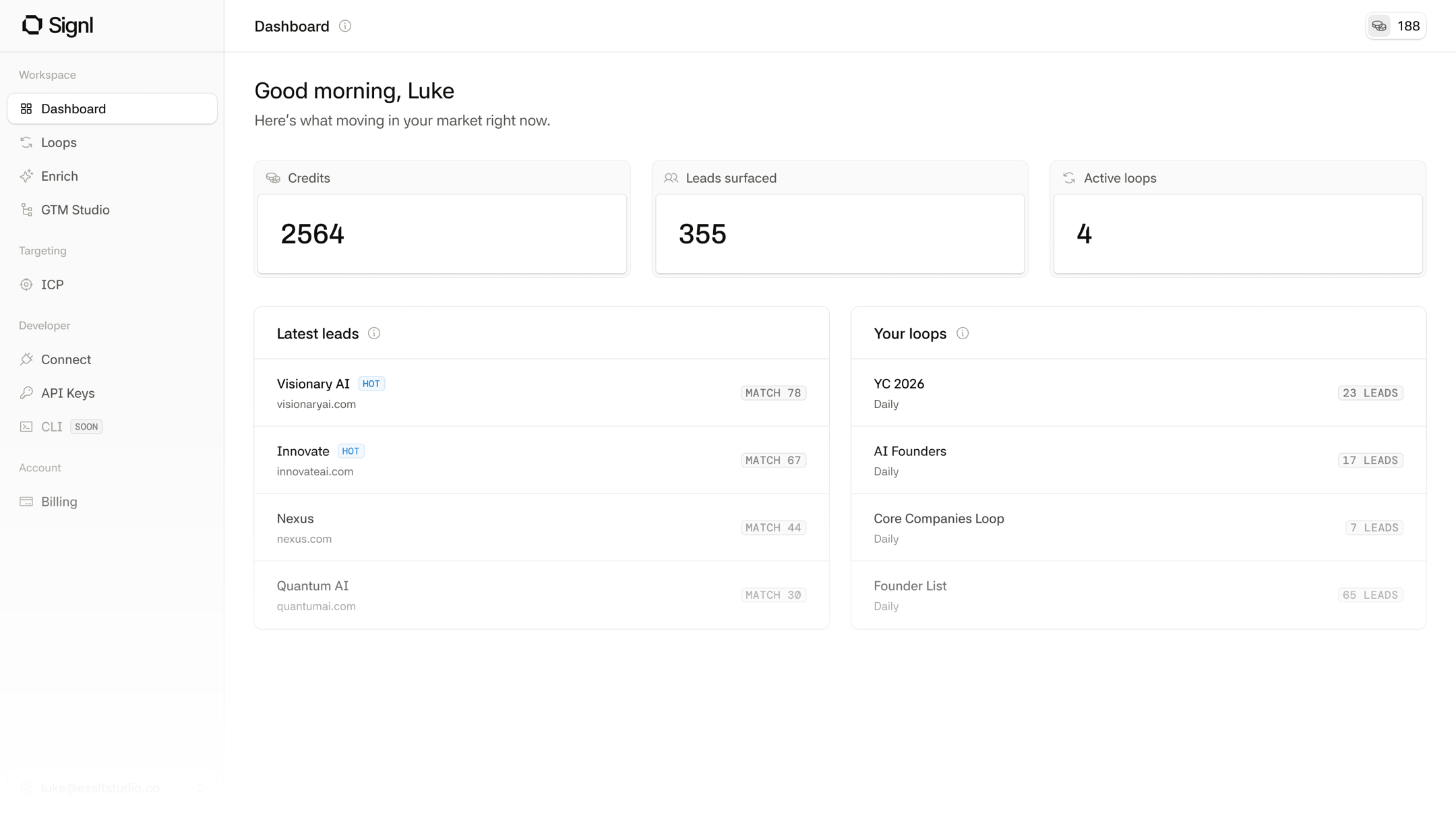 The Signl dashboard: credits, leads surfaced and active loops across the top, with the latest matched leads and running loops listed beneath.